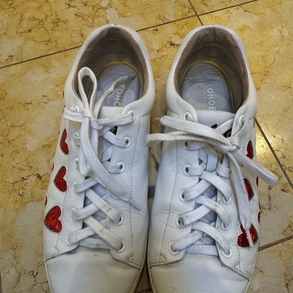White Sneakers with Red Heart Accents
